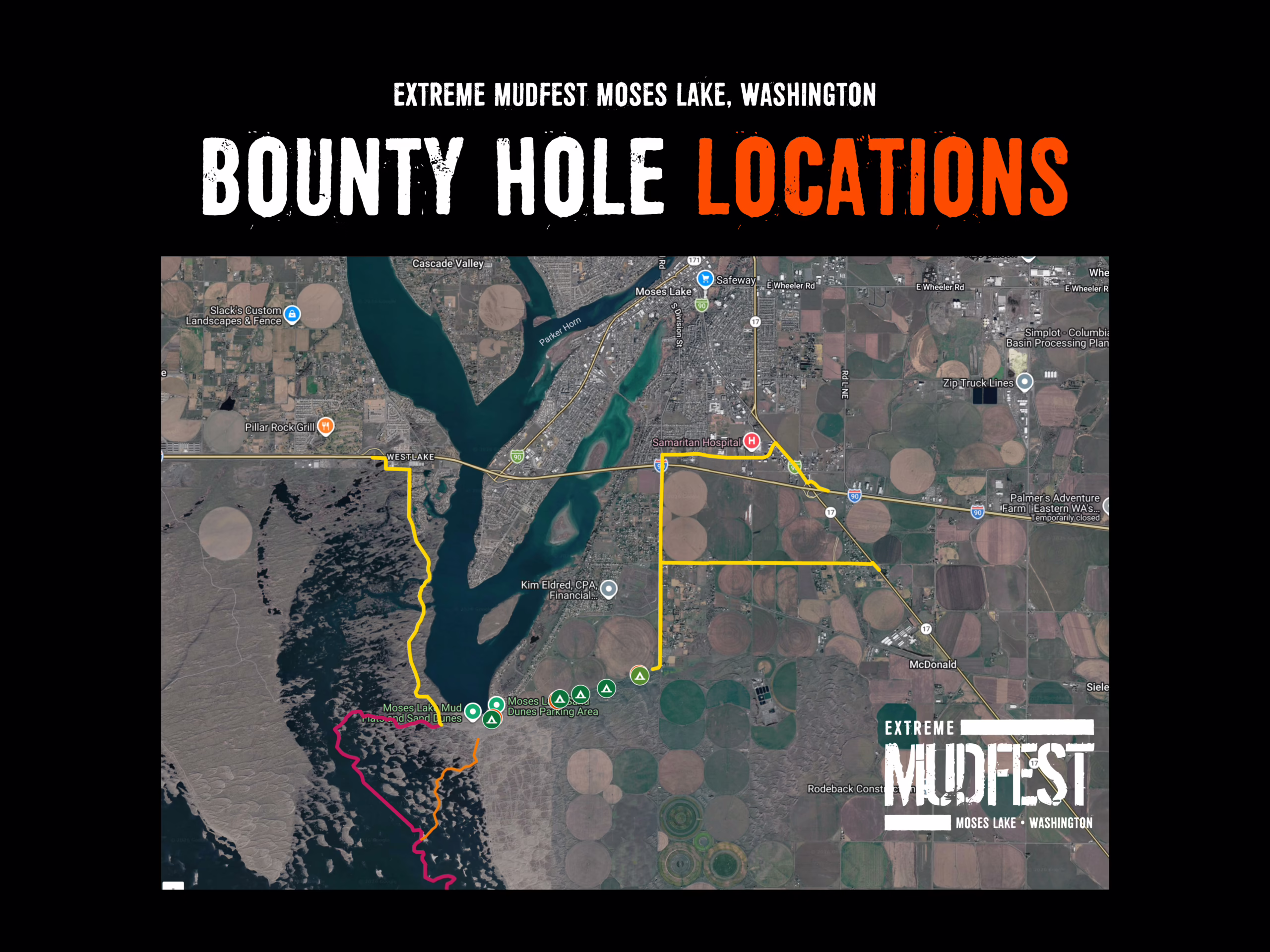 Extreme Mudfest Bounty Hole locations map for Moses Lake, Washington