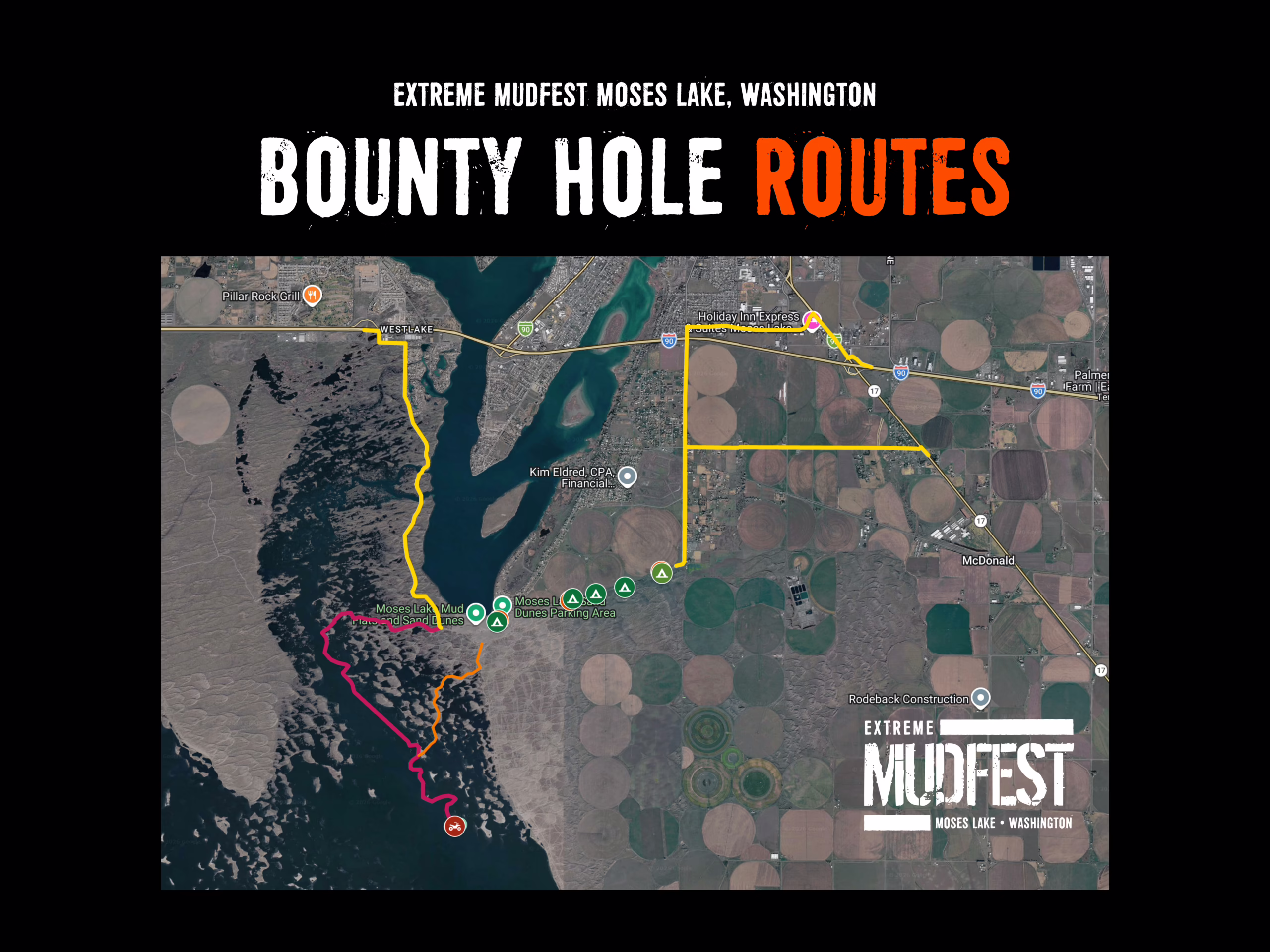 Extreme Mudfest Bounty Hole routes map for Moses Lake, Washington